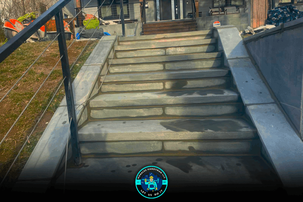 Stone steps leading up to a building, with a metal railing on the left.