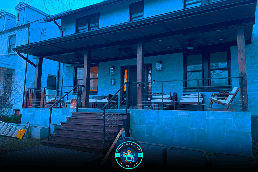 Two-story house with a porch. Steps lead to a covered porch with seating. Dusk lighting, blue tones.