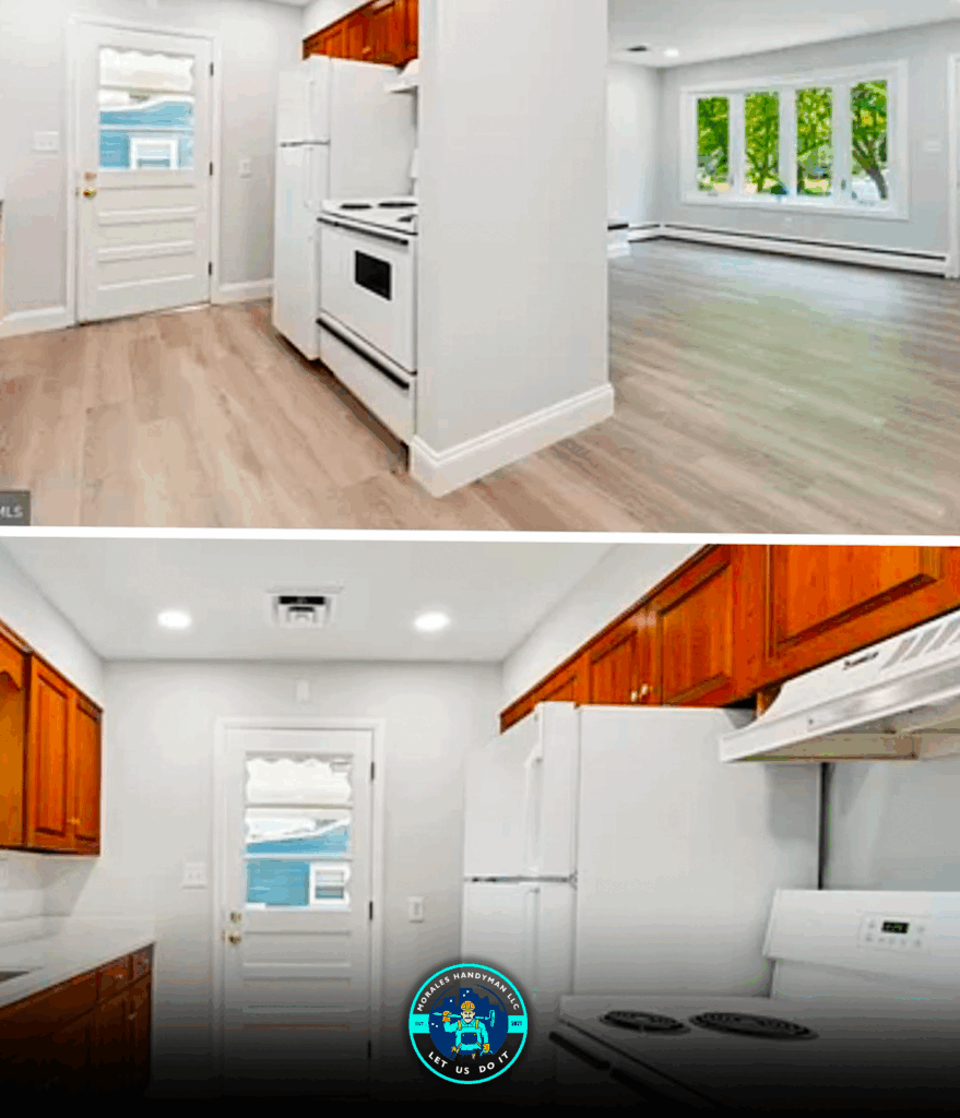 Two views of a kitchen and living room with hardwood floors, white appliances, wooden cabinets and a door with a view of sky and water.