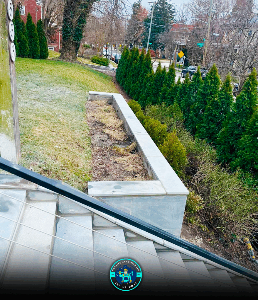 Stone steps leading down to a green lawn with a retaining wall and trees.