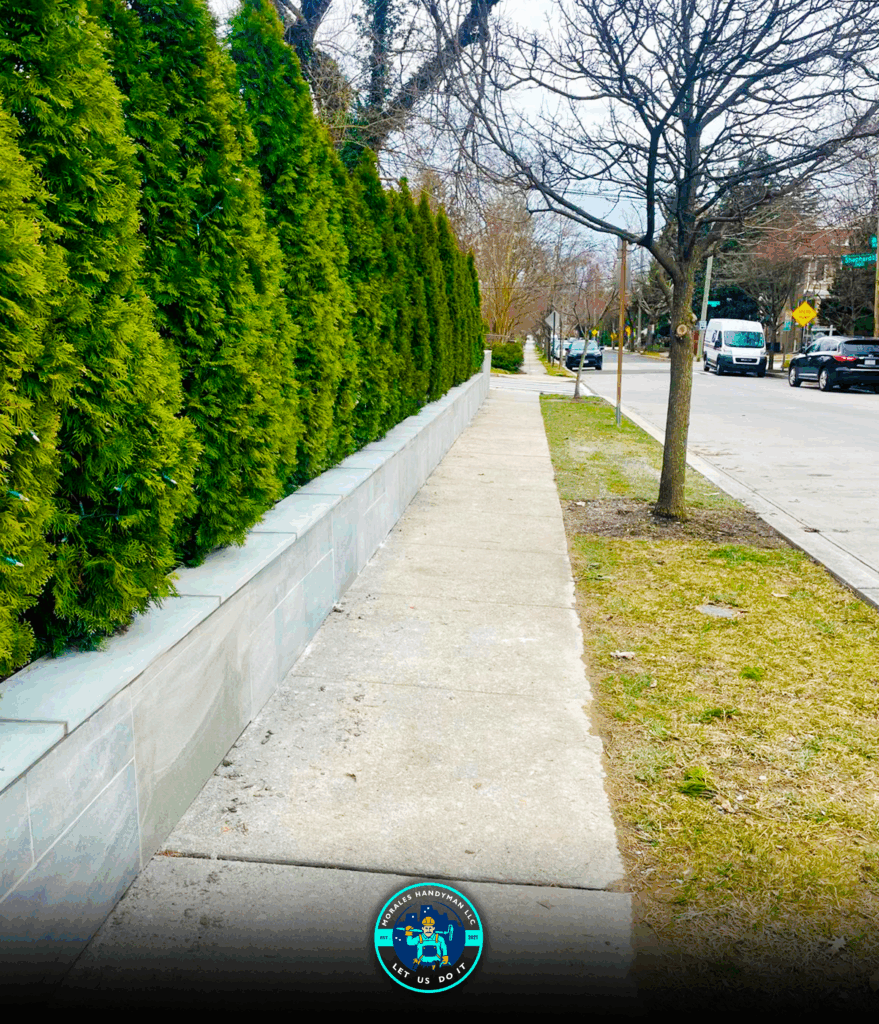Sidewalk lined with green hedges and a small tree, street view.