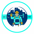 Logo: Construction worker holding tools with city skyline in the background, surrounded by a teal circle.