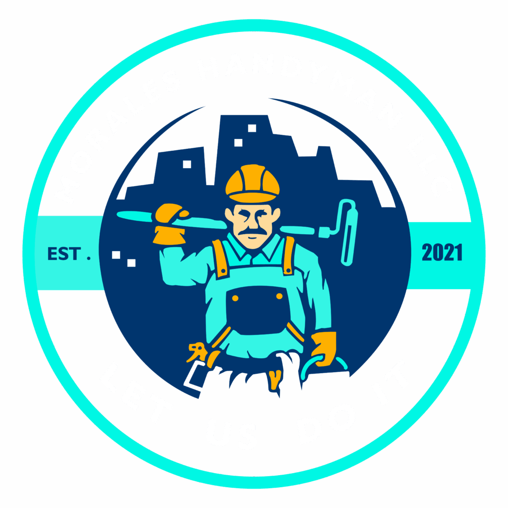Logo: Construction worker holding tools with city skyline in the background, surrounded by a teal circle.