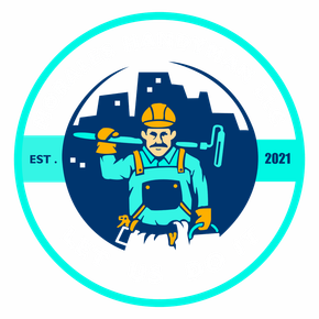 Logo: Construction worker holding tools with city skyline in the background, surrounded by a teal circle.