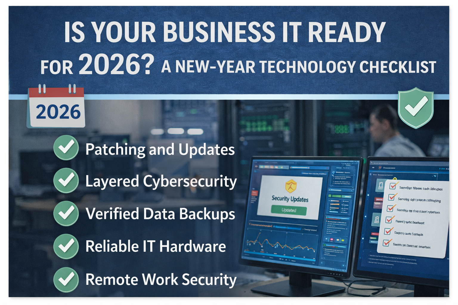 Business owner reviewing IT checklist at desk