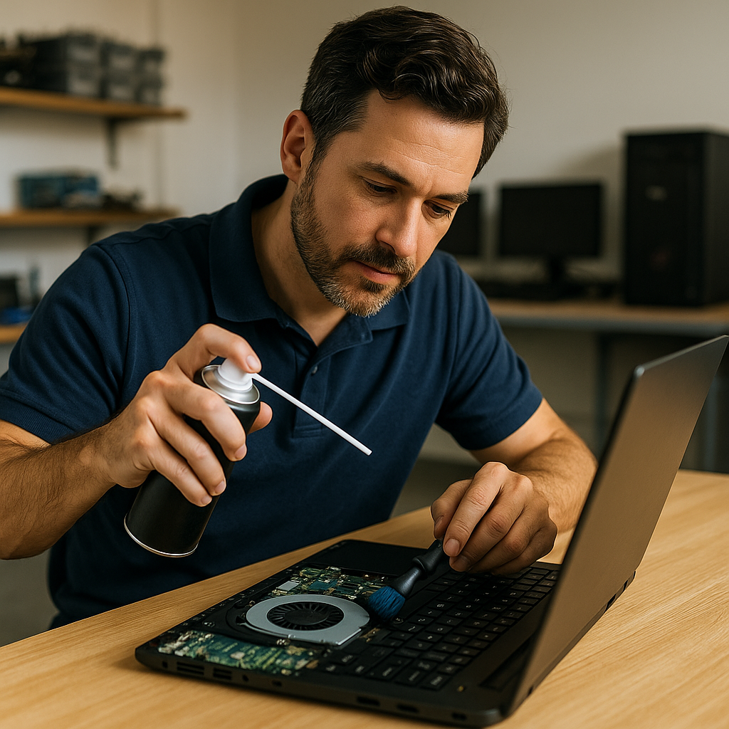 Technician cleaning a dusty laptop fan on a workbench in a bright shop