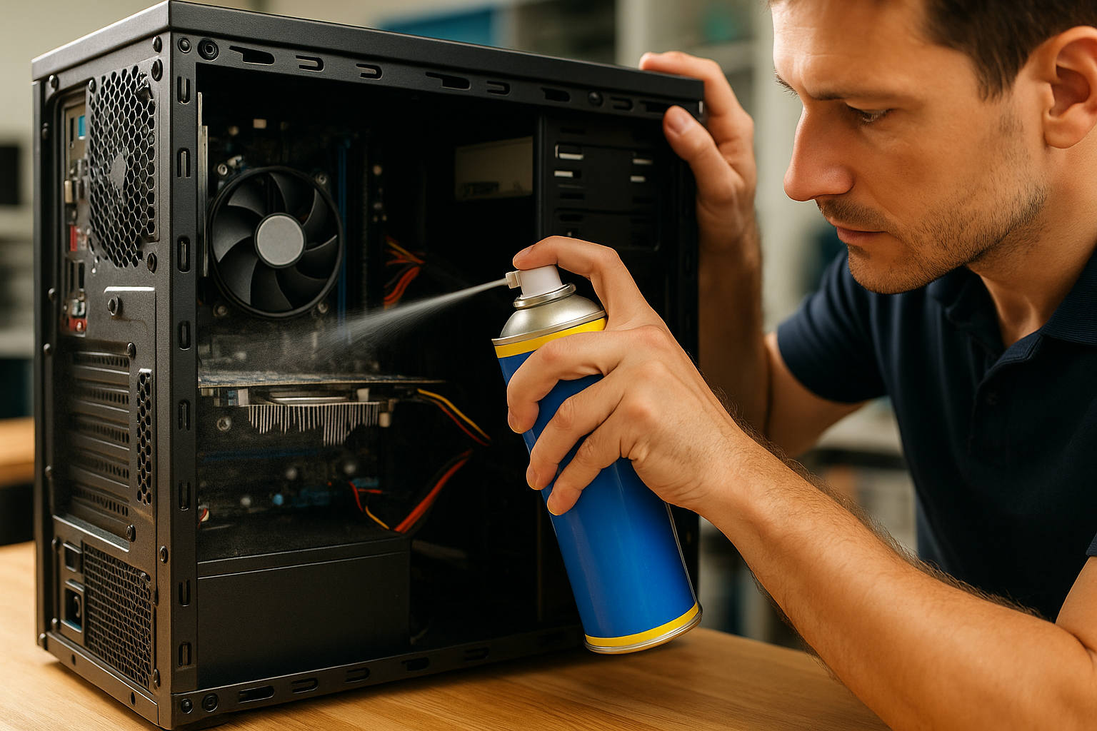 Technician cleaning a dusty computer fan in a bright repair shop

