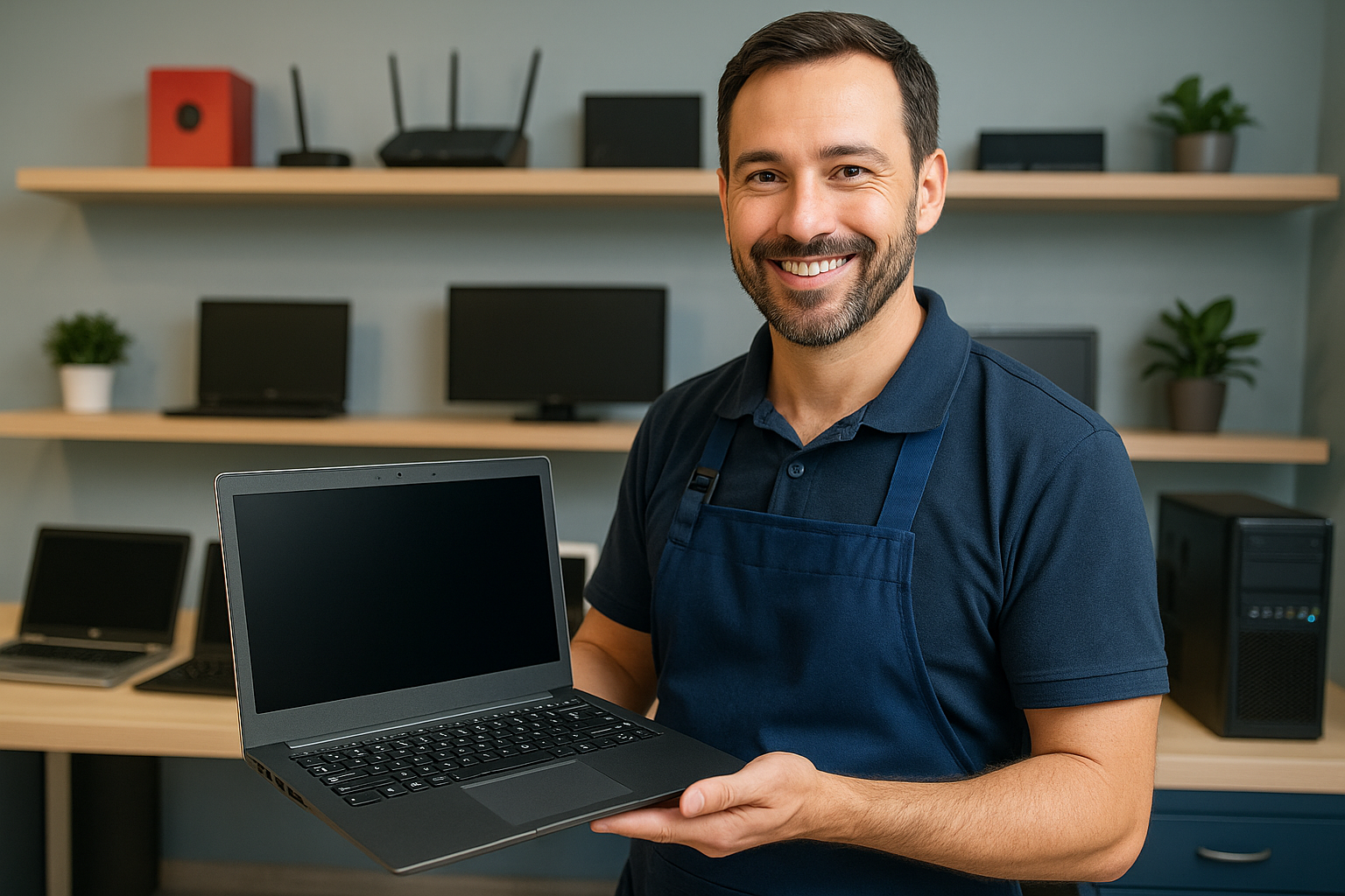 A smiling technician showcasing a row of refurbished laptops in a clean, modern shop