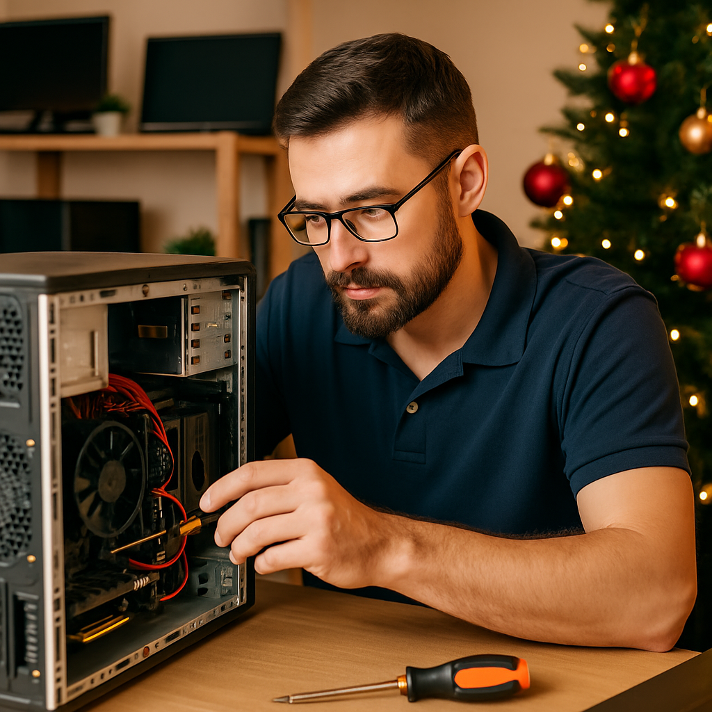 Close-up of a refurbished desktop computer with new parts installed and tested