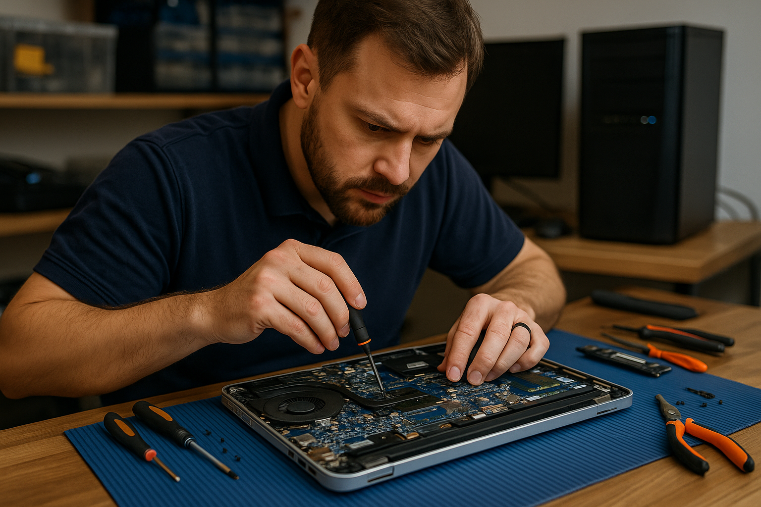 A technician explaining surge protector benefits to a customer in a tech repair shop