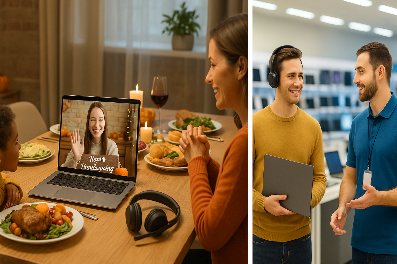Family gathered at a Thanksgiving table, video chatting with a loved one on a laptop displaying “Hap