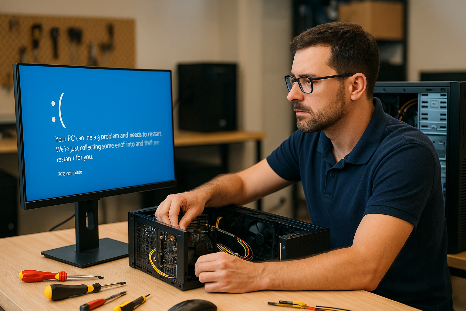 Technician diagnosing a computer that has crashed in Zephyrhills repair shop