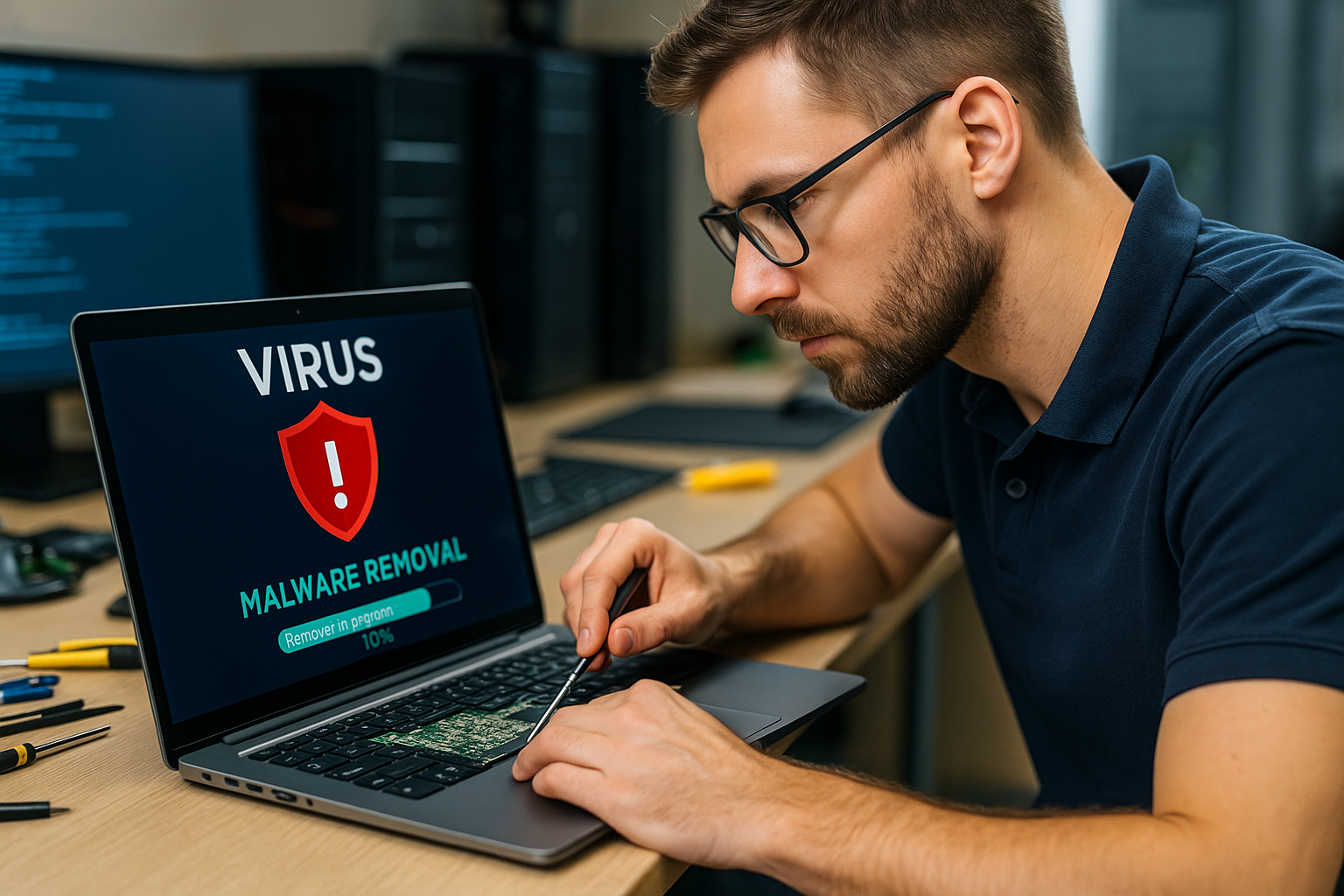 Technician performing virus removal on a laptop in a Zephyrhills repair shop
