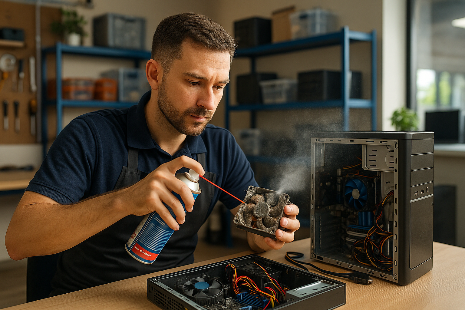 Before and after image of a desktop interior – dirty vs. cleaned