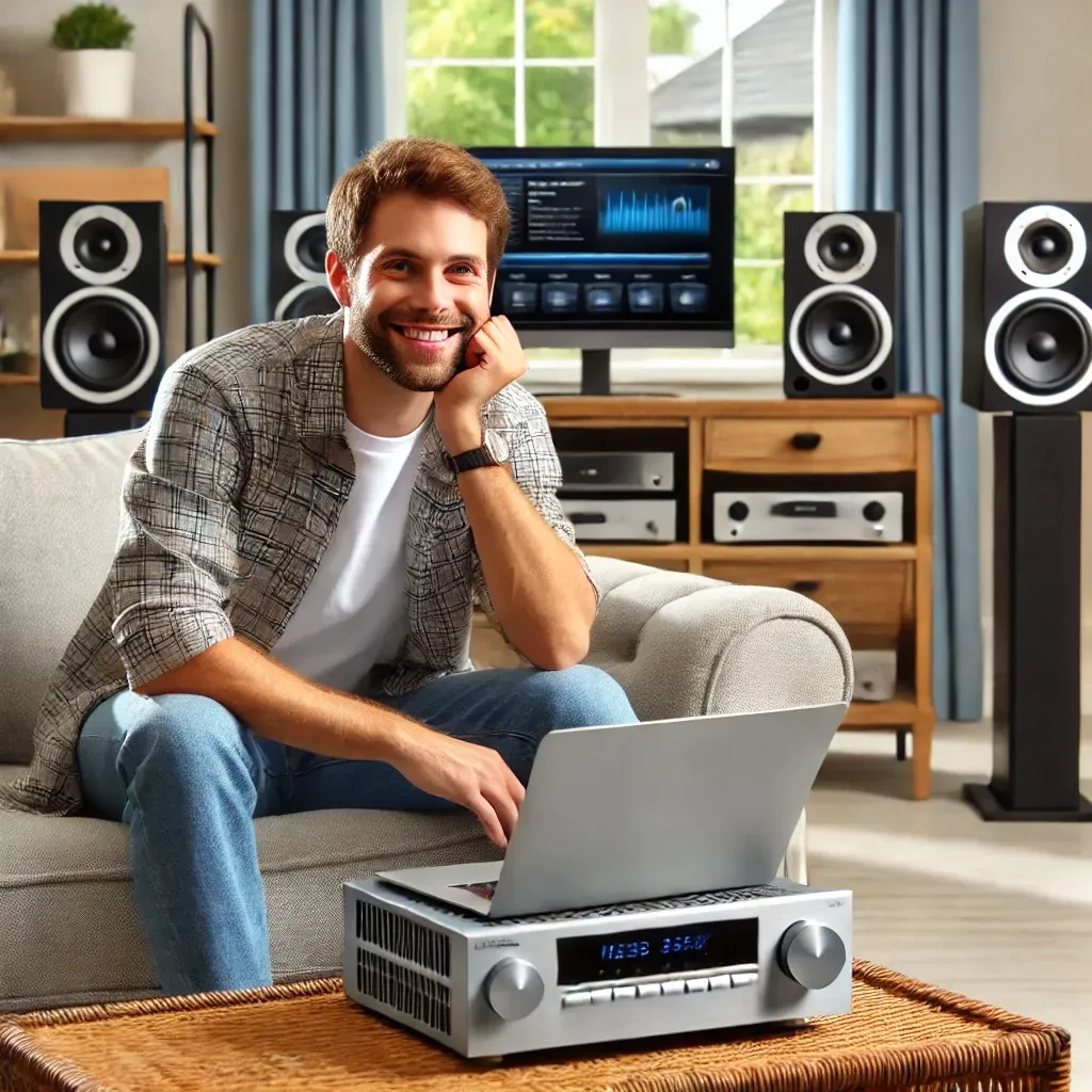 Satisfied customer enjoying a new home audio setup by Computers Unlimited