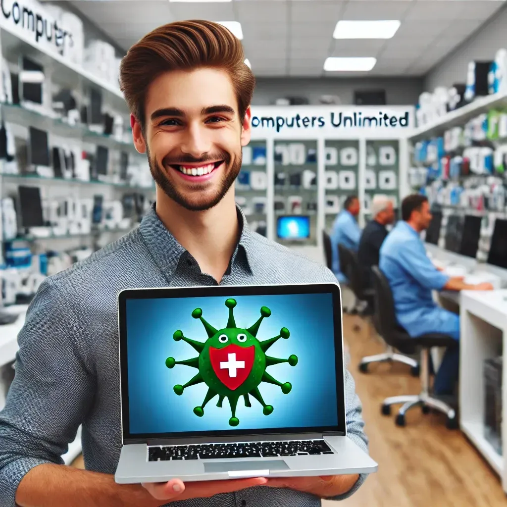 Smiling customer receiving a refurbished laptop from a friendly computer technician in a shop