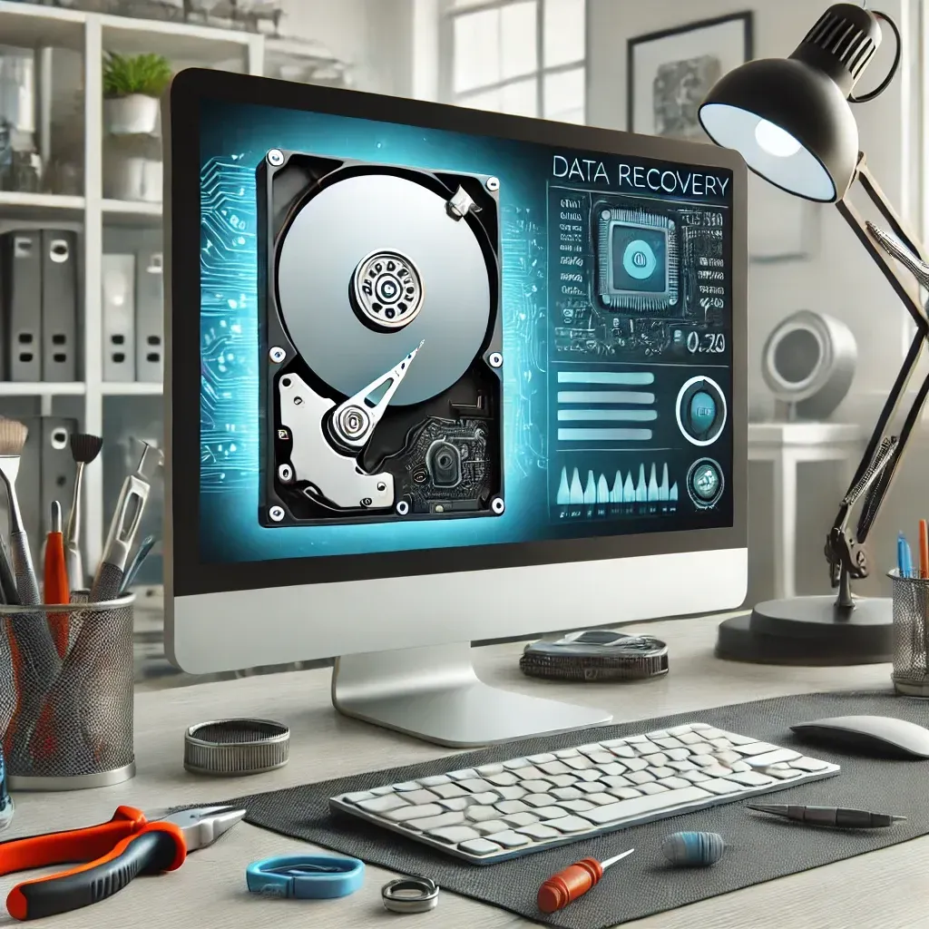 Technician setting up a data backup system on a laptop in a clean workspace