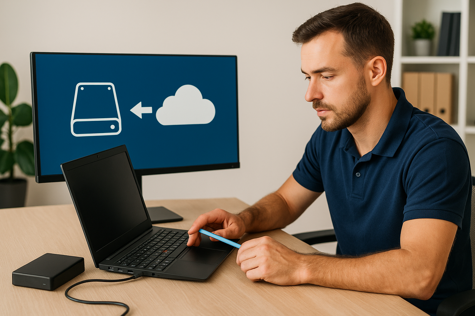 External hard drive and cloud backup icons on a computer screen in an office environment