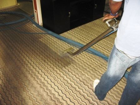 Person cleaning a patterned beige carpet with a professional carpet cleaner.