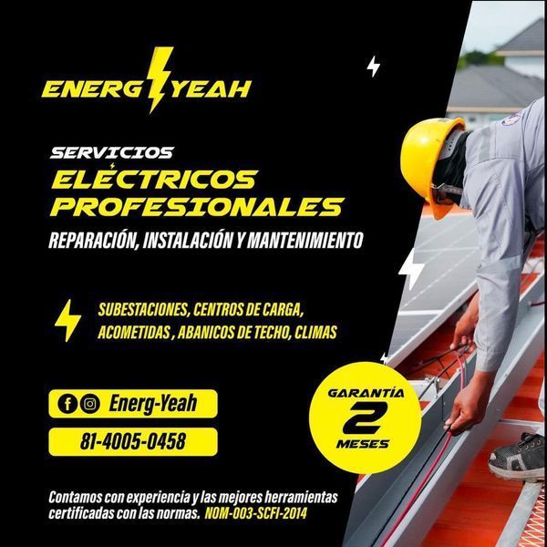 Anuncio de servicios eléctricos. Diseño en amarillo y negro. Técnico trabajando con paneles solares. Incluye información de contacto y garantía de 2 meses.
