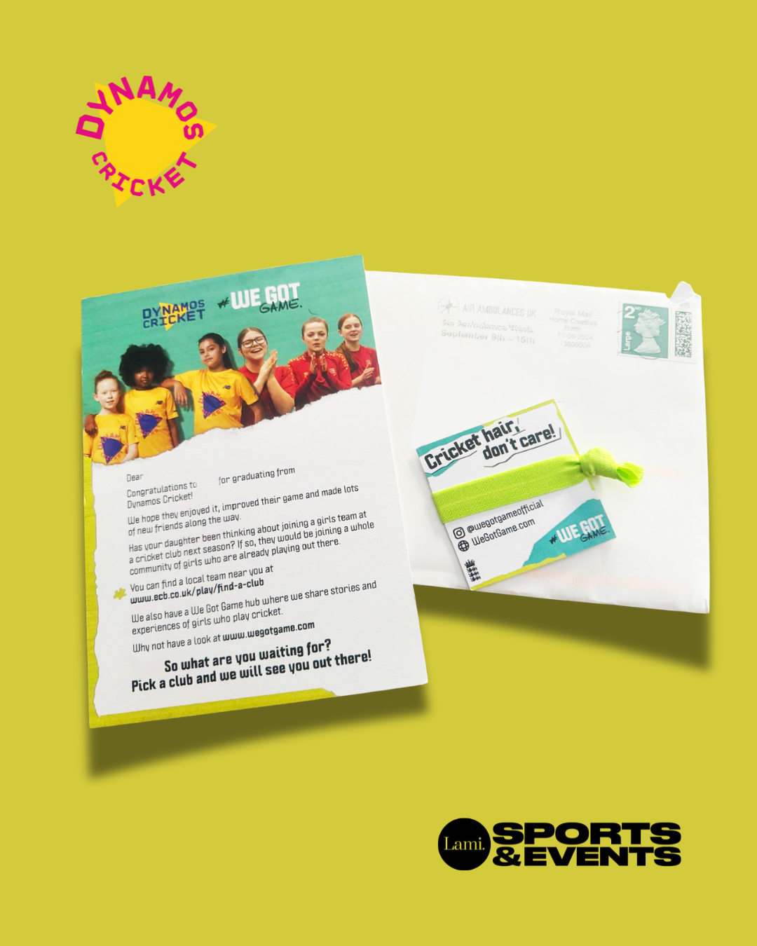 A sports and events advertisement with a letter and envelope. A direct mail campaign for England Cricket Board.