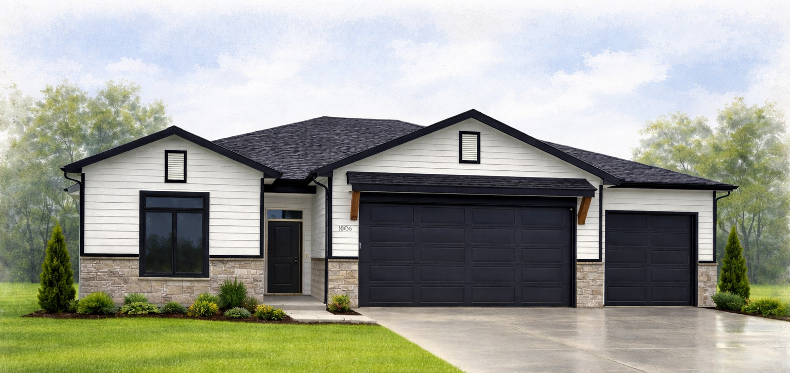 A drawing of a house with two garage doors and a driveway.