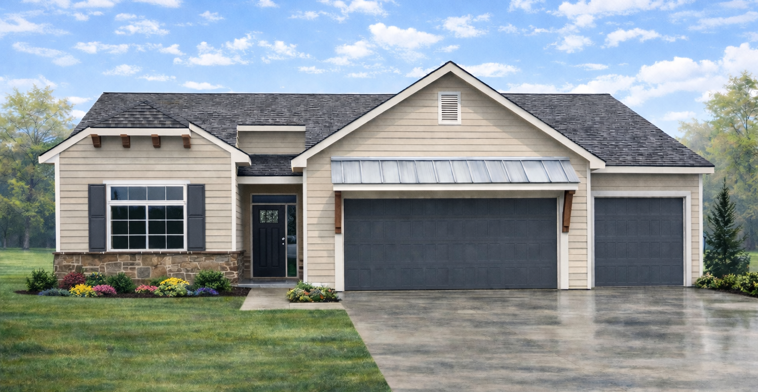 A painting of a white house with two garages and a driveway.
