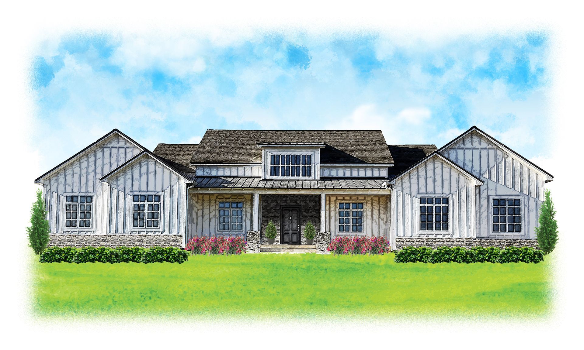A painting of a white house with two garages and a driveway.