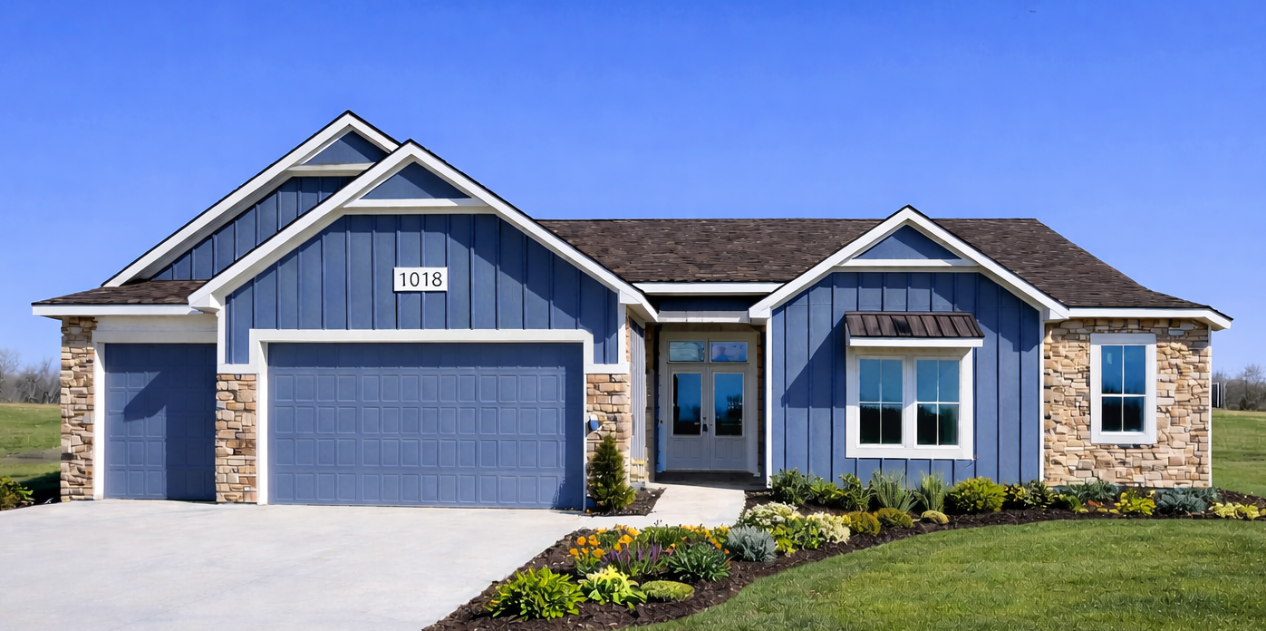 A drawing of a house with two garage doors and a driveway.
