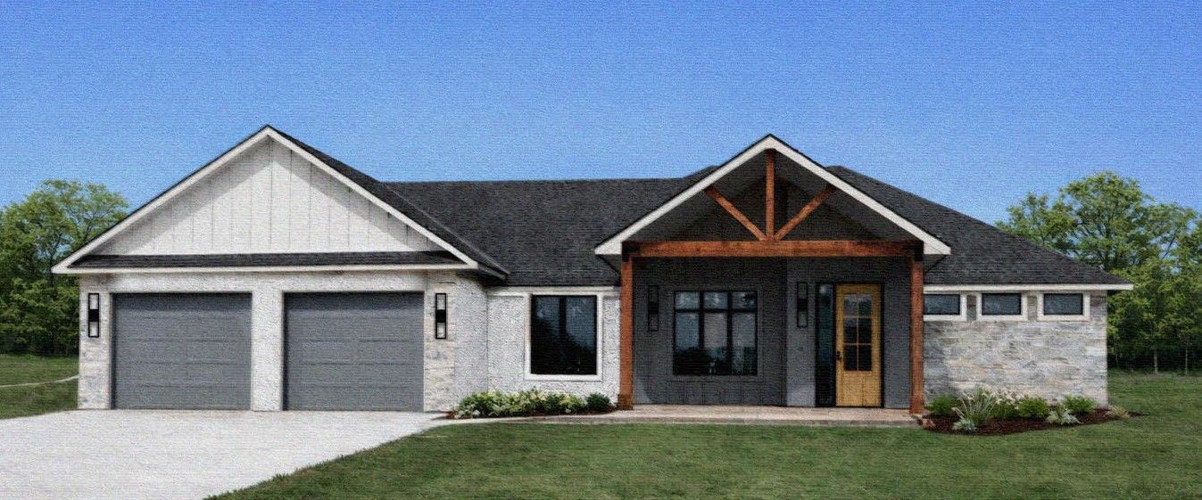 A painting of a white house with two garages and a driveway.