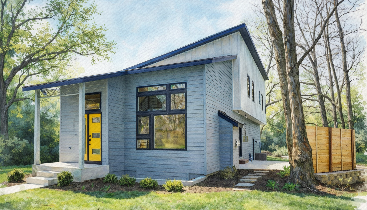 A drawing of a house with two garage doors and a driveway.