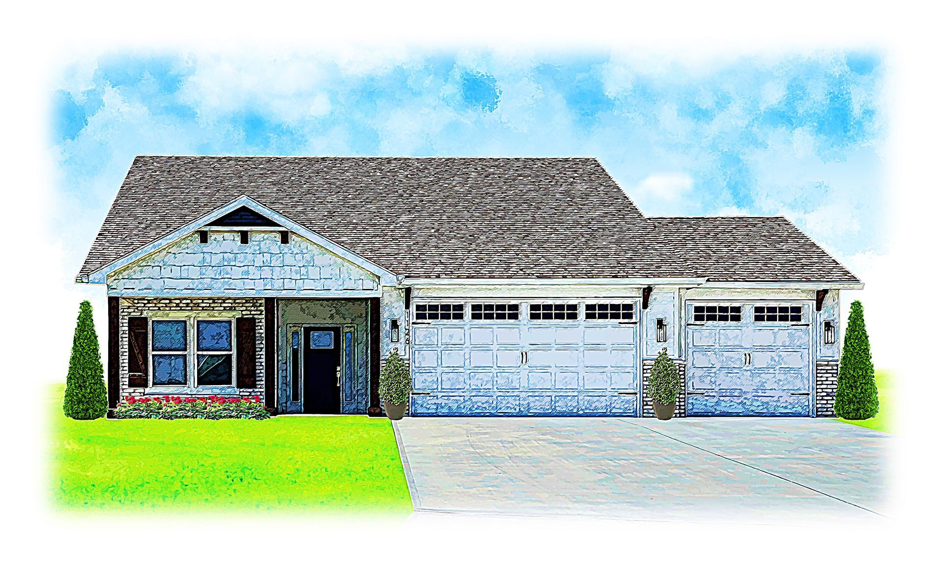A large white house with a brown roof is sitting on top of a lush green field.
