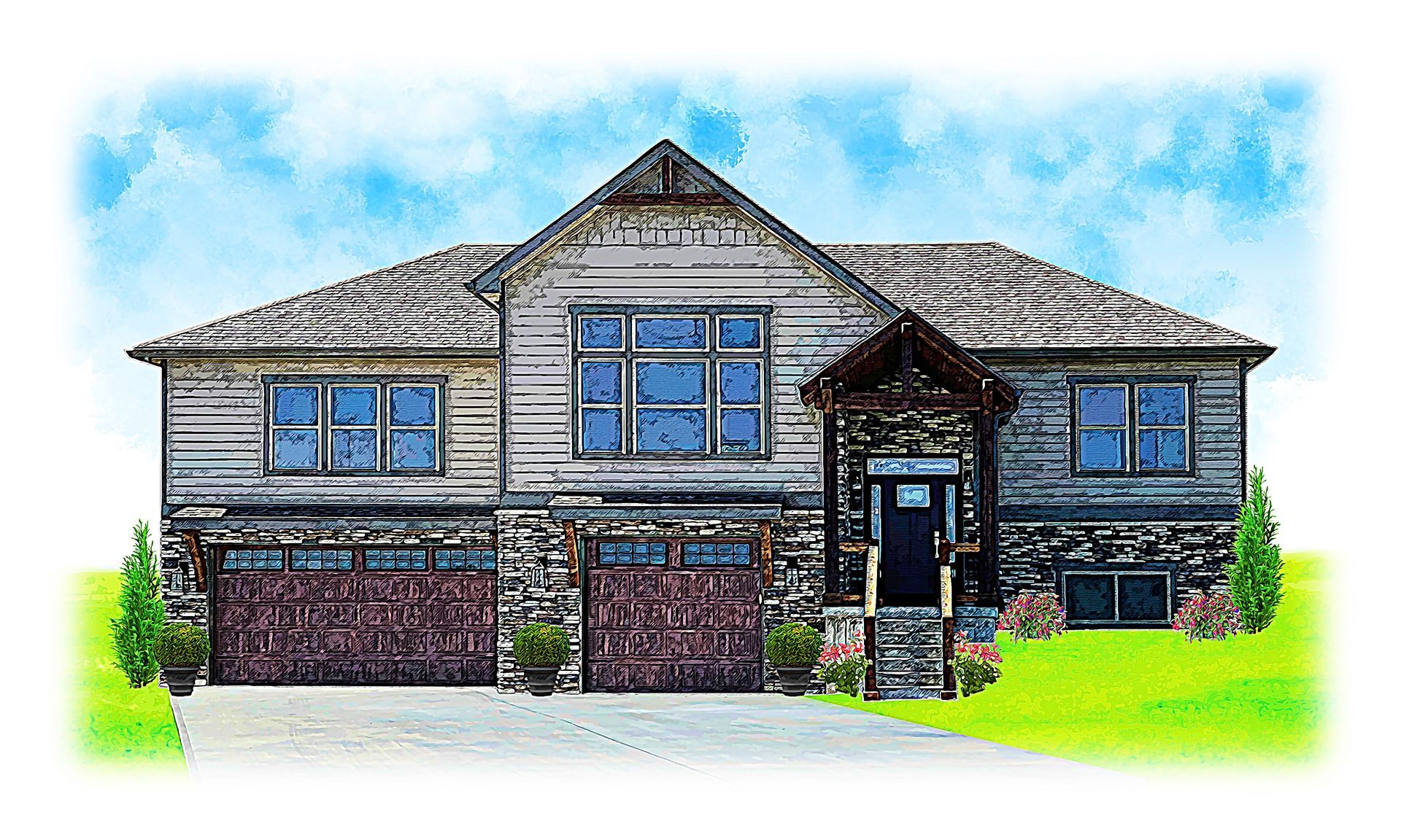 A painting of a white house with two garages and a driveway.