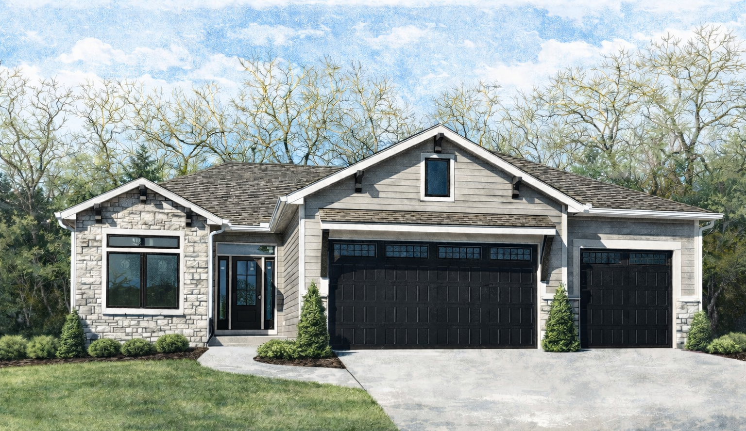 A drawing of a house with two garage doors and a driveway.