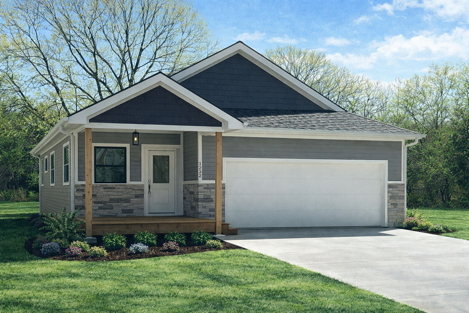 A drawing of a house with two garage doors and a driveway.
