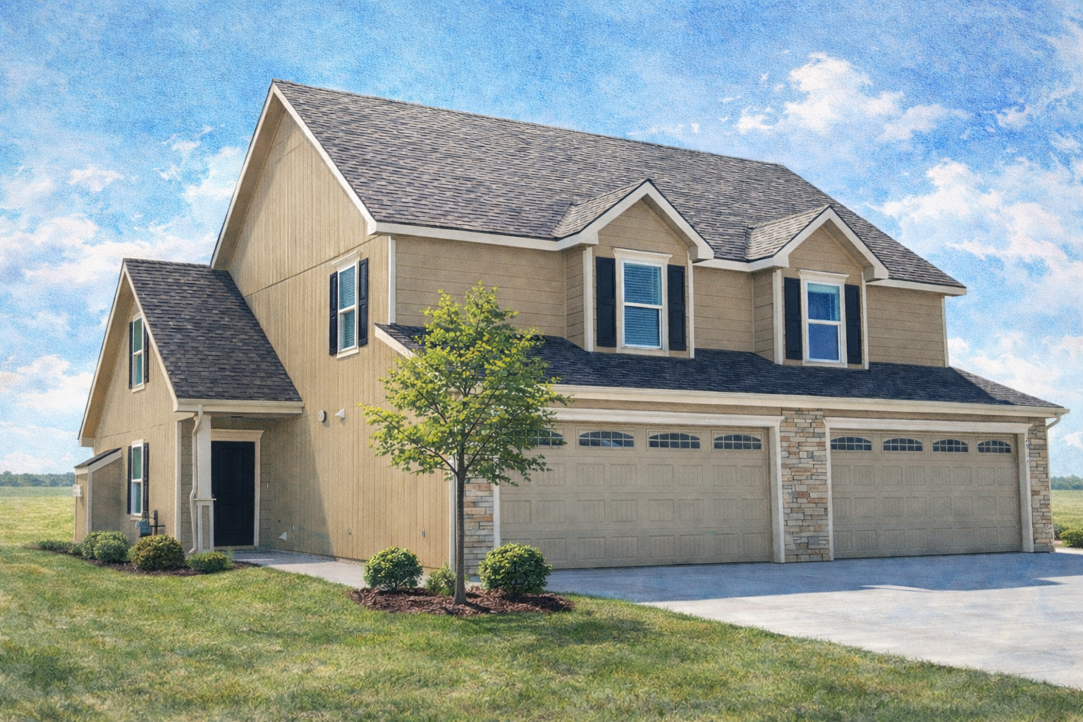 A drawing of a house with two garage doors and a driveway.