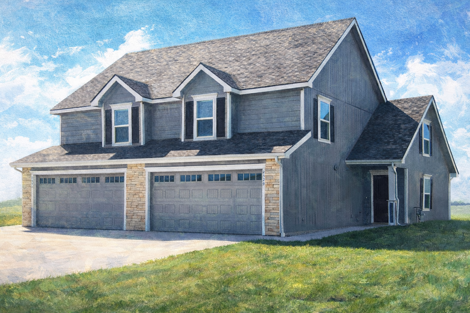 A painting of a white house with two garages and a driveway.