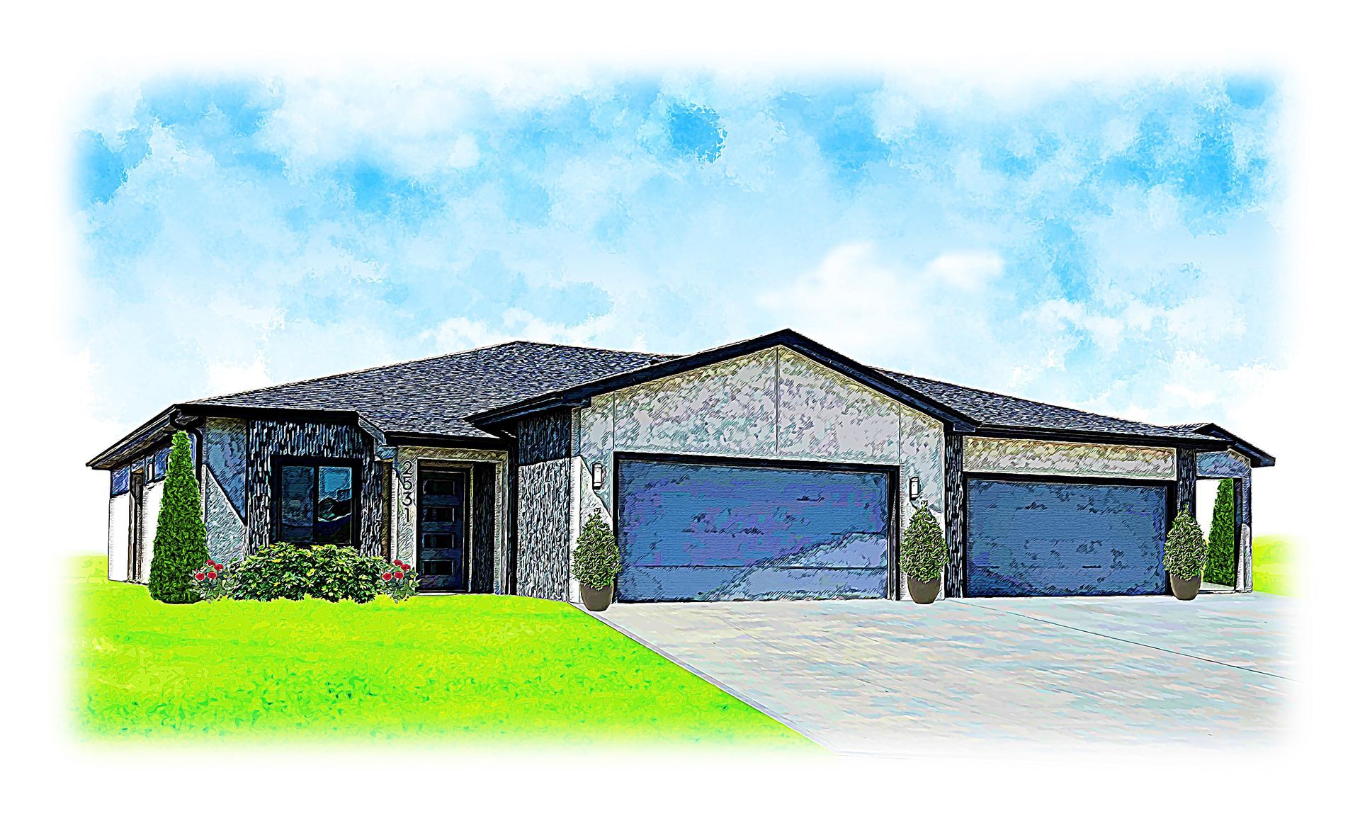 A large house with two garages and a lush green yard.