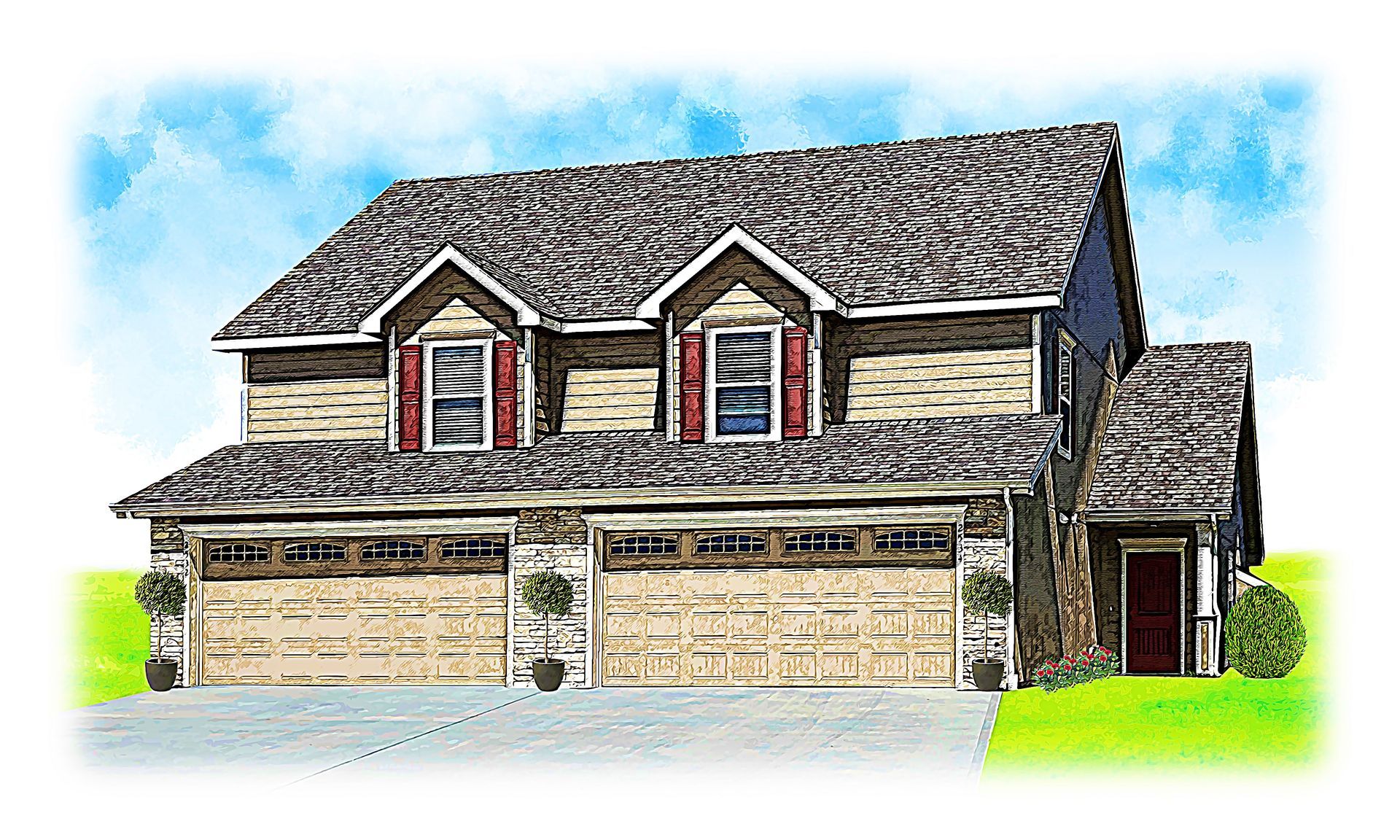 A blue house with a black garage door and a blue sky in the background.