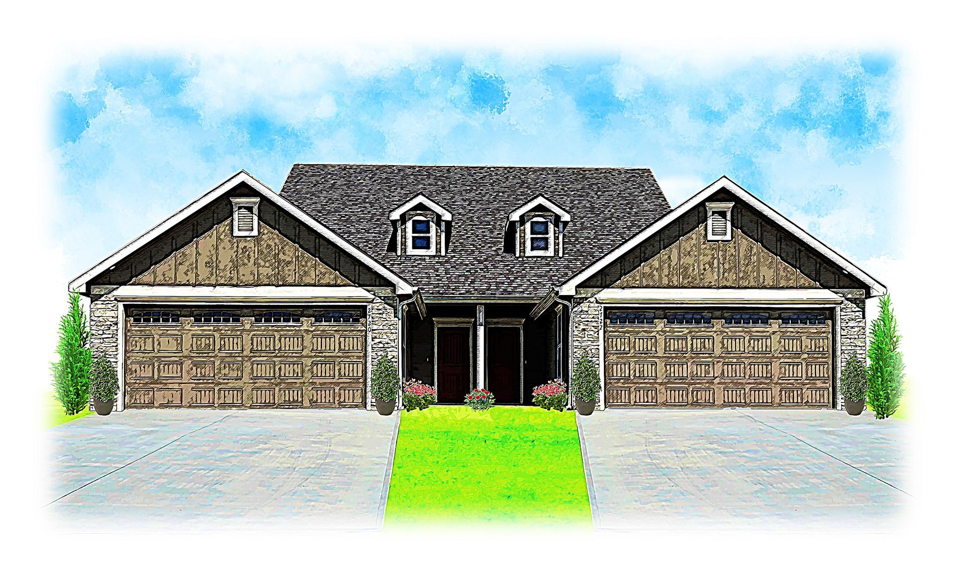 A drawing of a house with a garage and a porch.