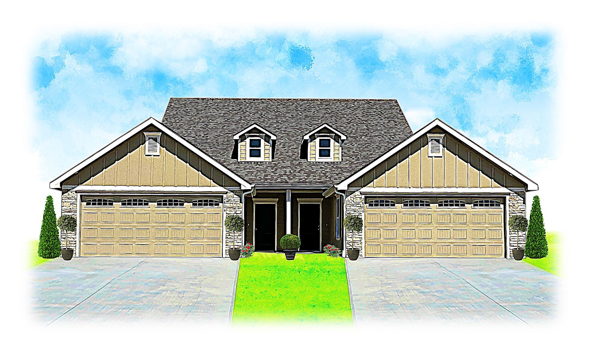 A drawing of a house with a garage and a lot of windows.