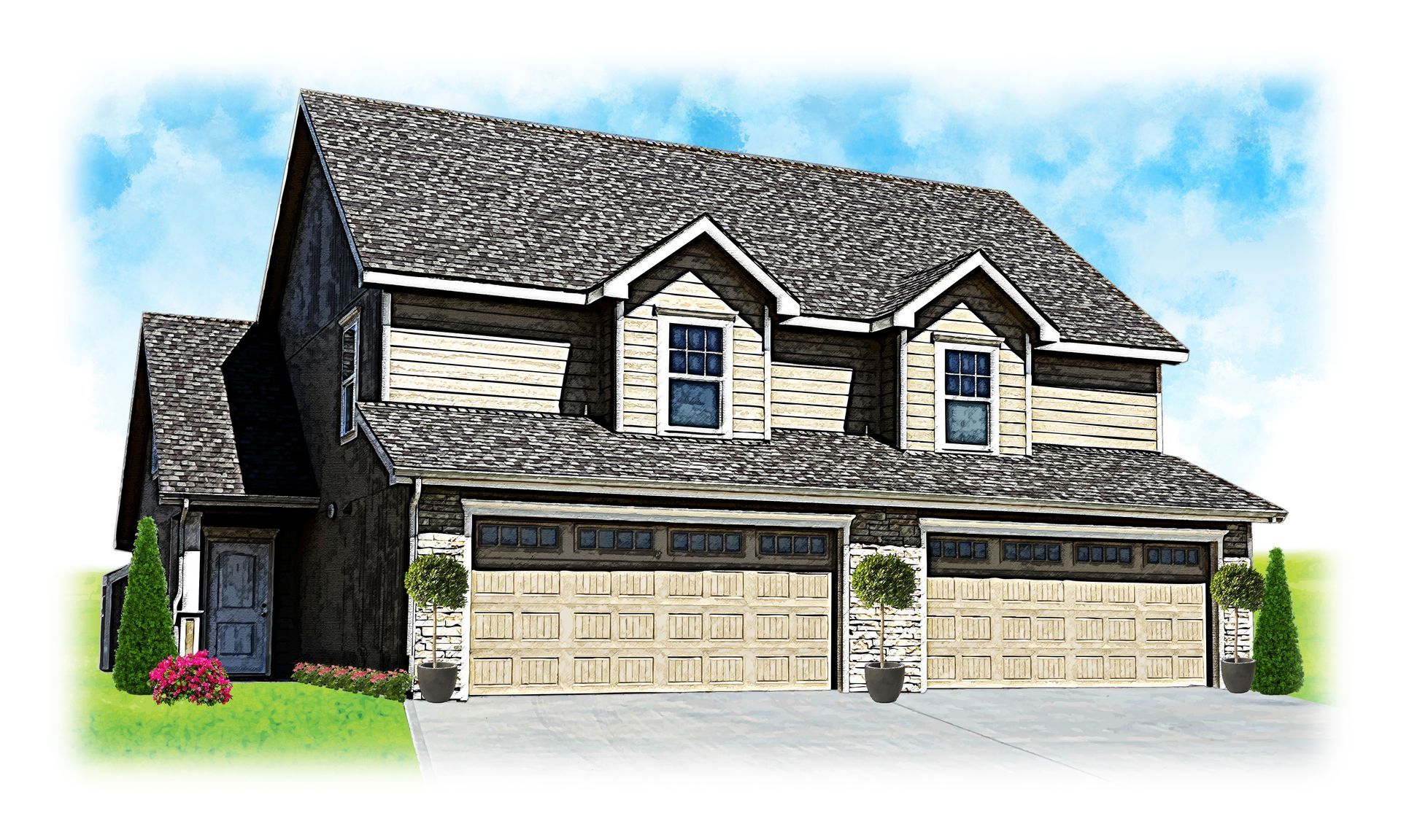 A painting of a house with a blue garage door and a blue sky in the background.