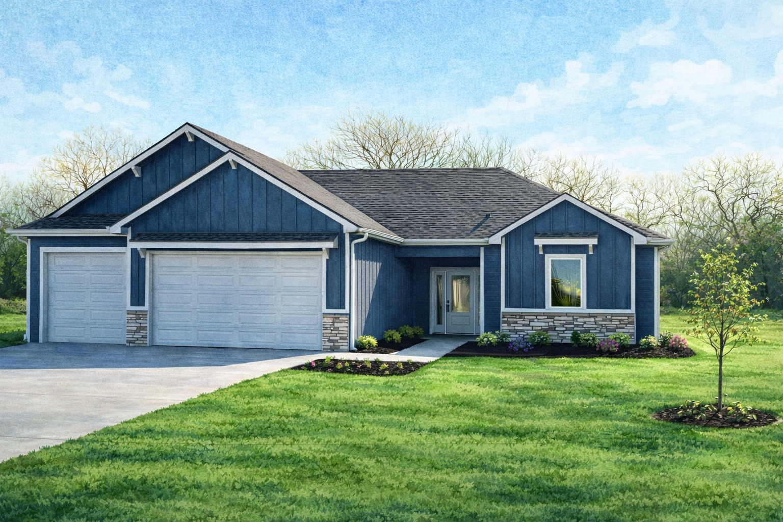 A drawing of a house with two garage doors and a driveway.