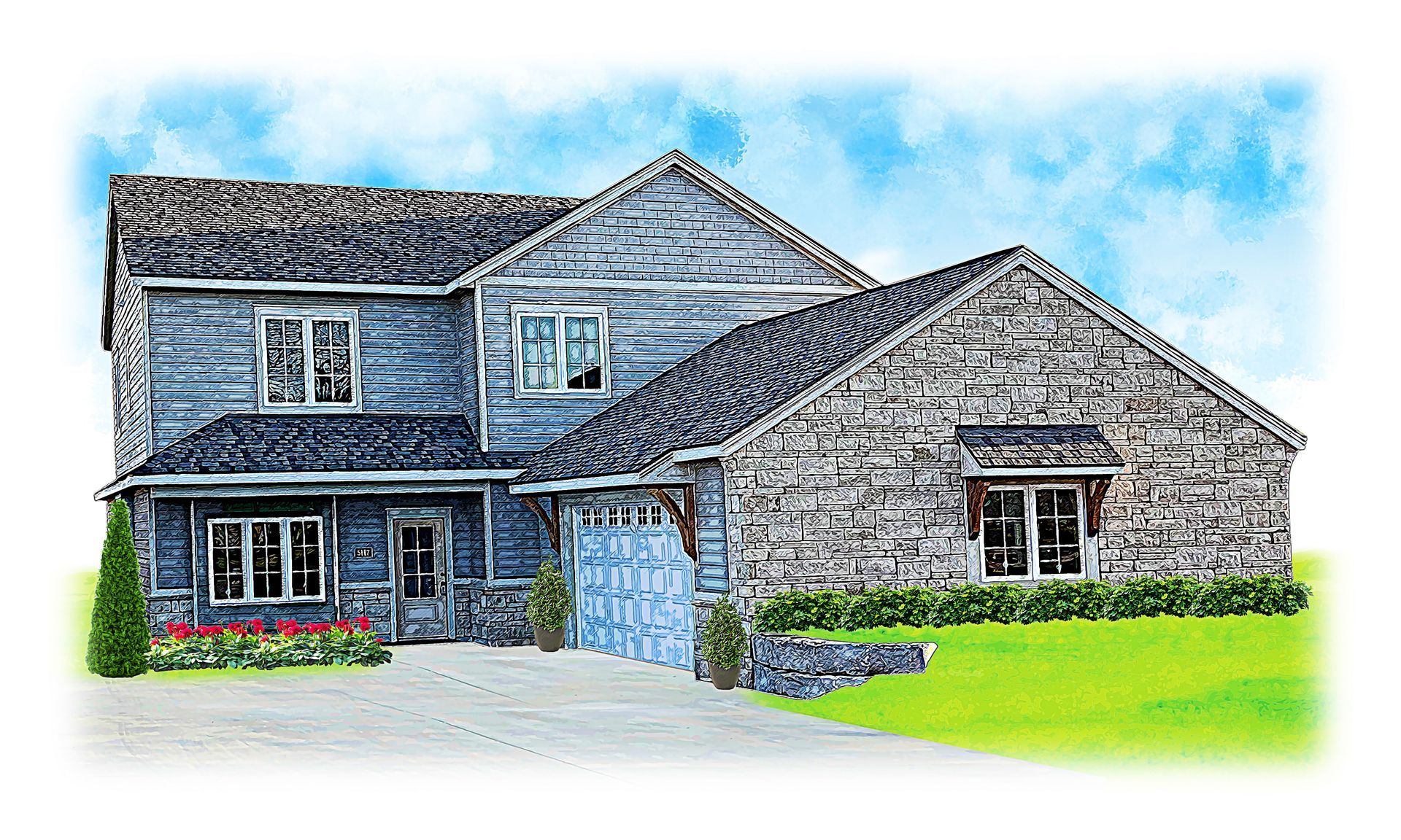 A drawing of a house with two garage doors and a driveway.