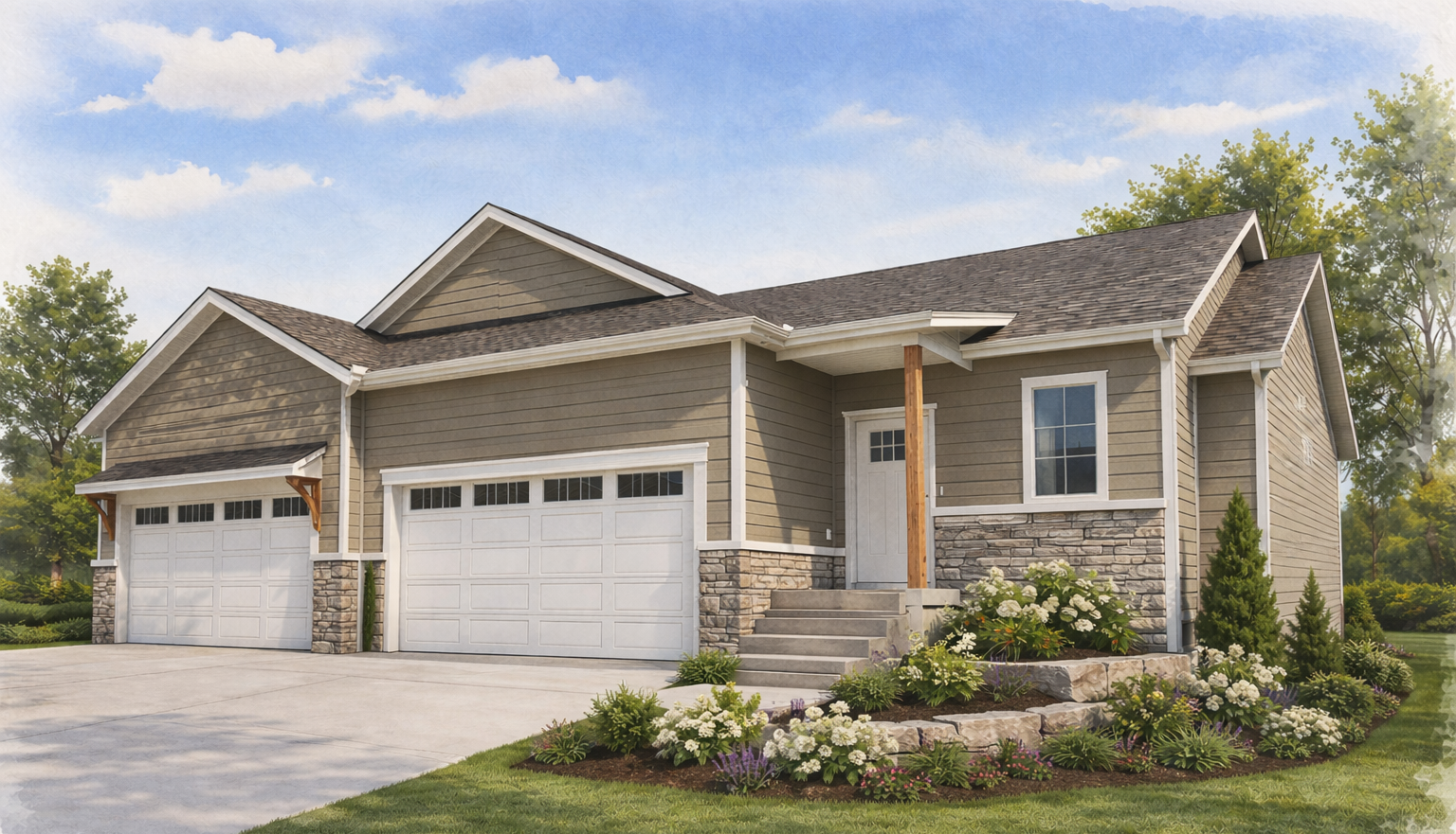 A drawing of a house with two garage doors and a driveway.