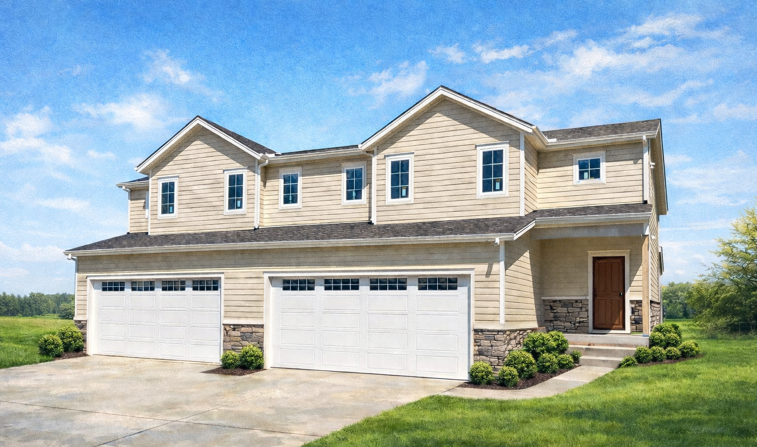A painting of a white house with two garages and a driveway.