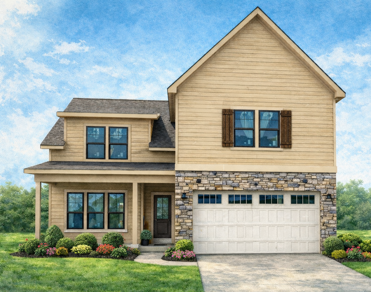 A drawing of a house with two garage doors and a driveway.