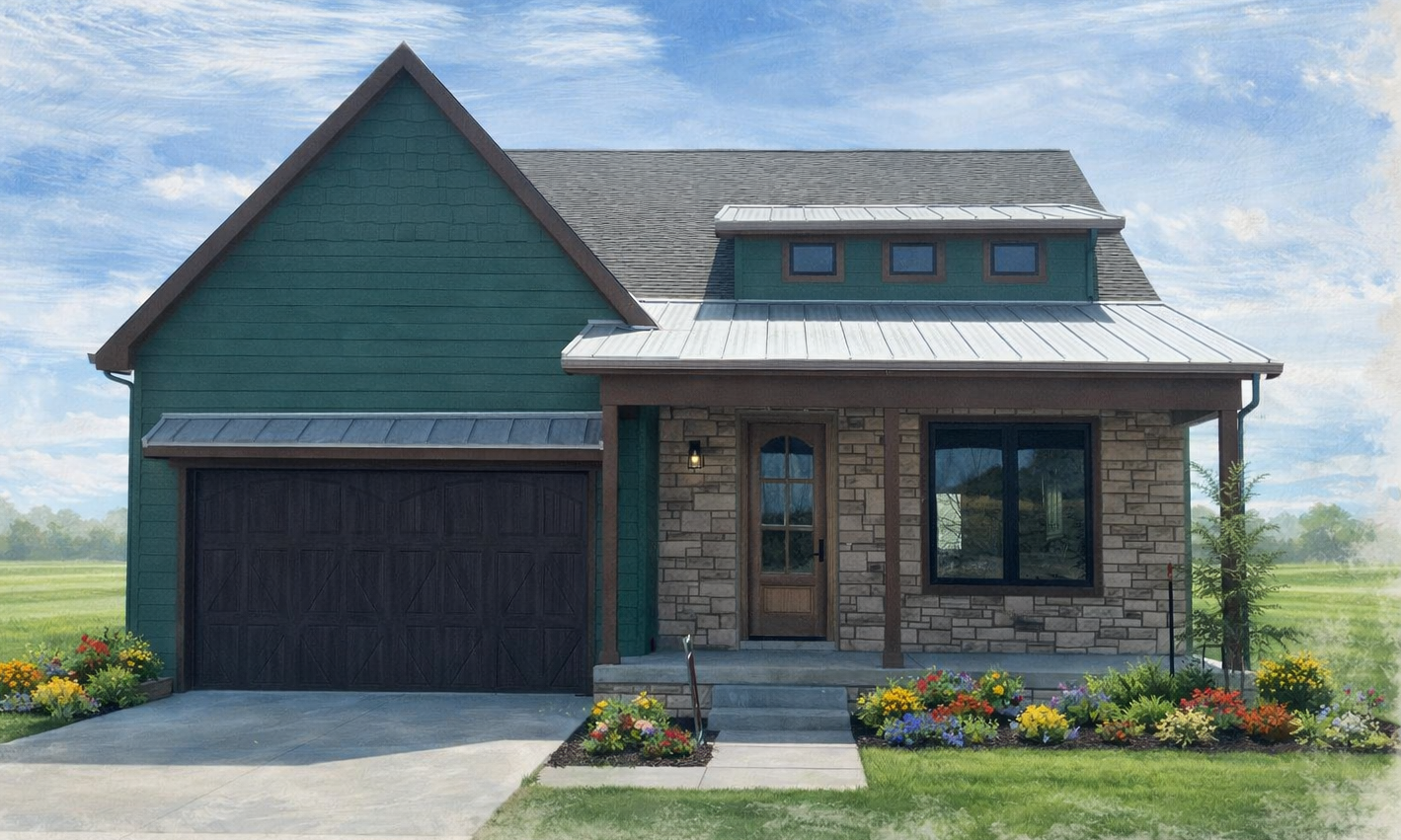 A drawing of a house with two garage doors and a driveway.
