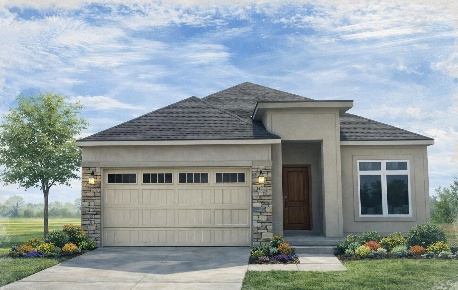 A drawing of a house with two garage doors and a driveway.