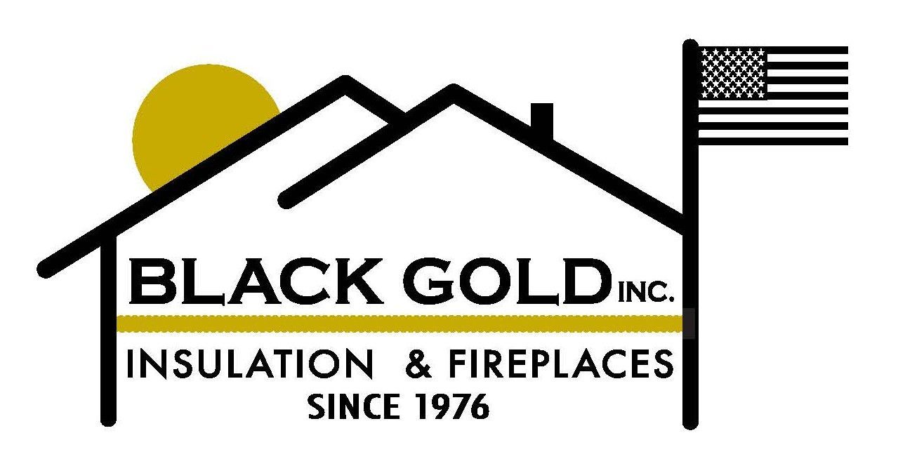 Black Gold Inc. logo with house roof, U.S. flag, and “Insulation & Fireplaces Since 1976” text